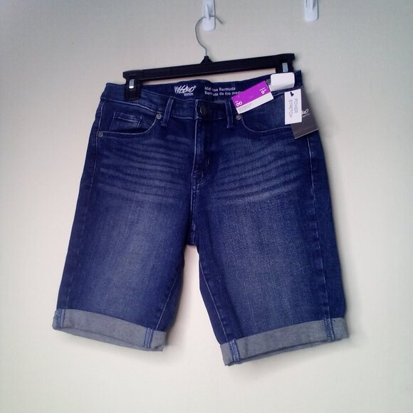 Mossimo Bermuda Shorts Women 00 Mid-Rise Power Stretch Roll Hem Denim Blue - Picture 2 of 15